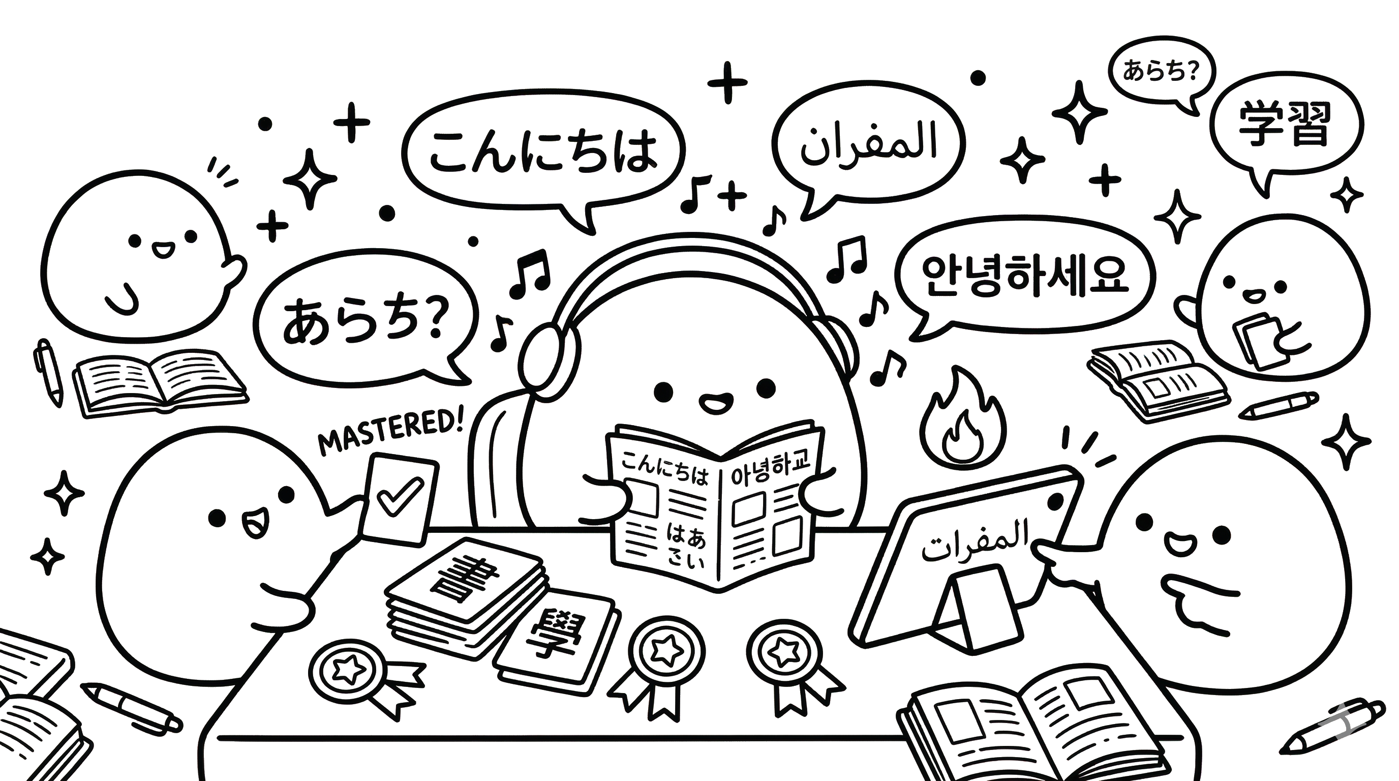 Pimochi reading with headphones, surrounded by speech bubbles in different languages