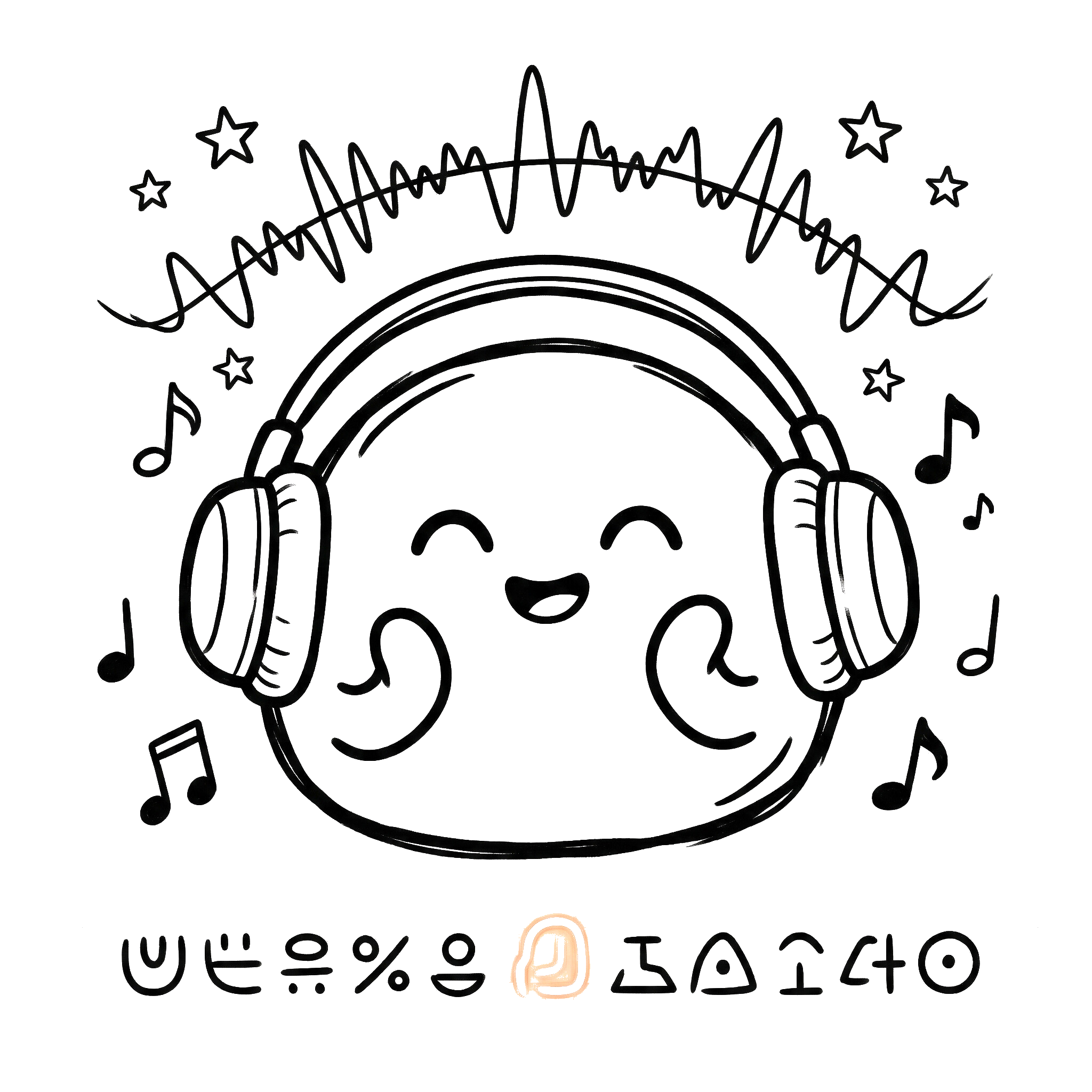 Pimochi listening with headphones and music notes