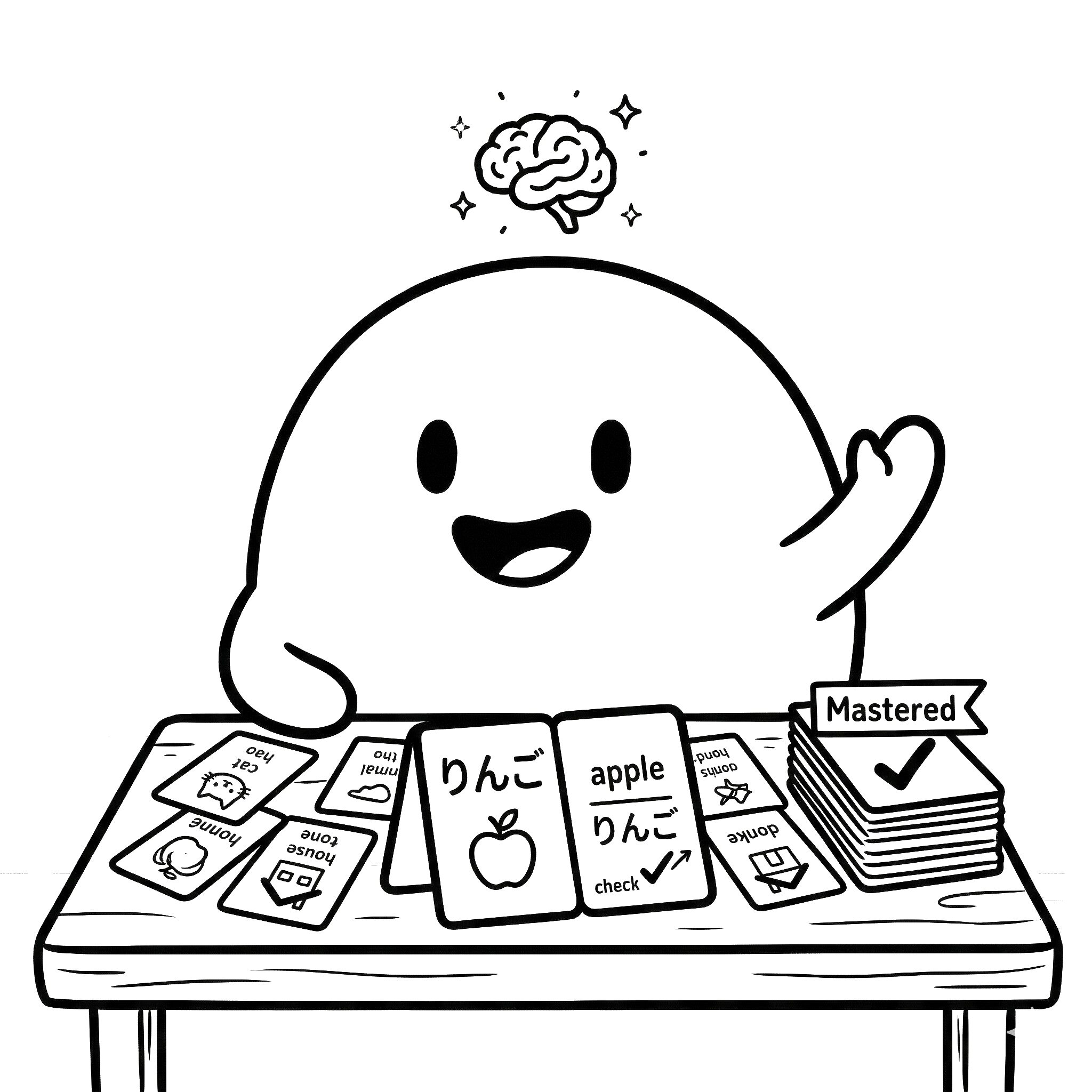 Pimochi with flashcards showing mastered words